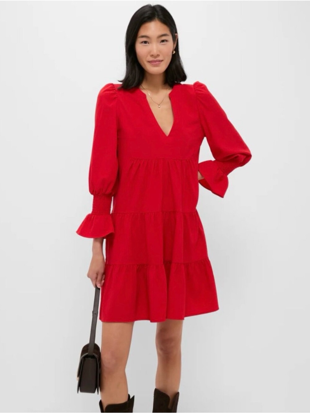 Tuckernuck Red V-Neck Tiered Mini Dress with Puff Sleeves